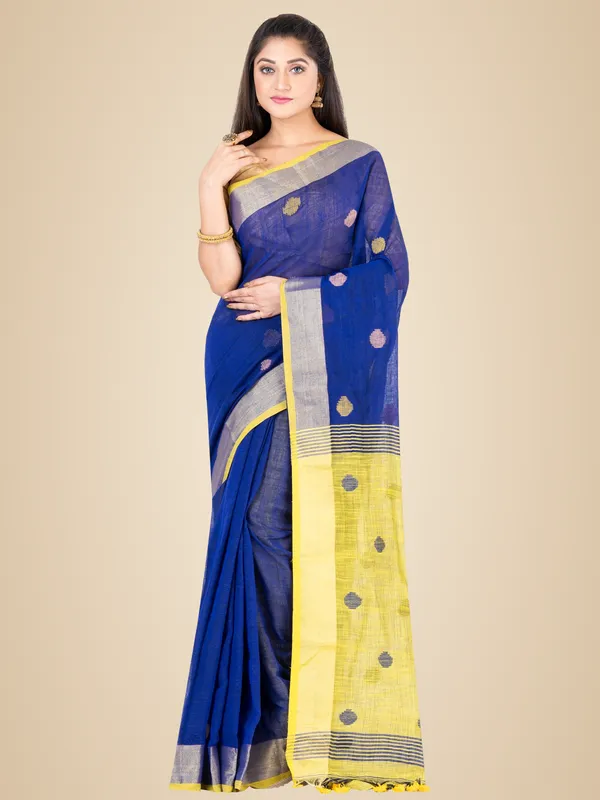 Blue_And_Yellow_Handloom_Premium_Quality_Khadi_Ball_Saree_With_Running_Blouse