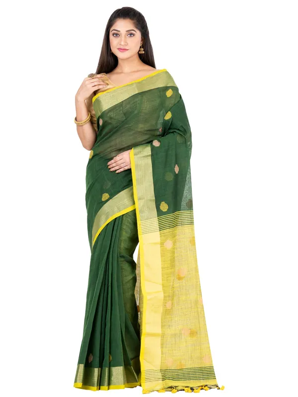 Deep_Green_And_Yellow_Handloom_Premium_Quality_Khadi_Ball_Saree_With_Running_Blouse