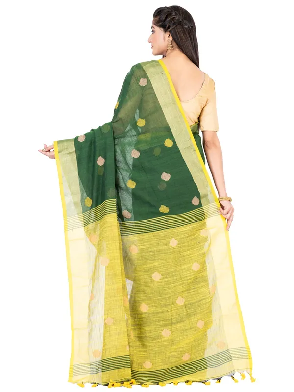 Deep_Green_And_Yellow_Handloom_Premium_Quality_Khadi_Ball_Saree_With_Running_Blouse