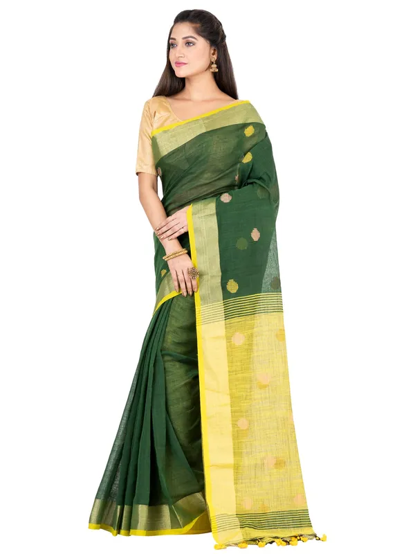 Deep_Green_And_Yellow_Handloom_Premium_Quality_Khadi_Ball_Saree_With_Running_Blouse