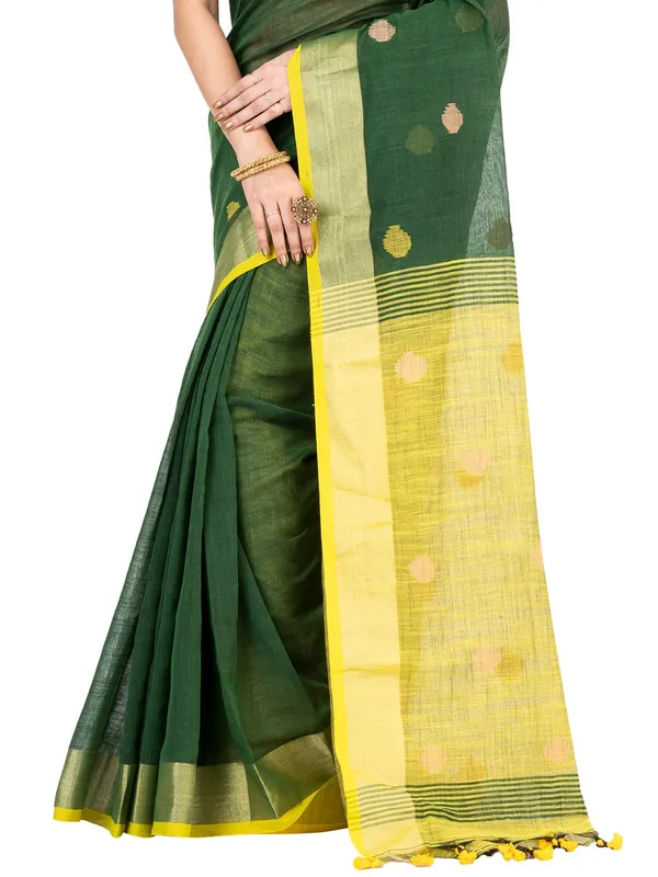 Deep_Green_And_Yellow_Handloom_Premium_Quality_Khadi_Ball_Saree_With_Running_Blouse