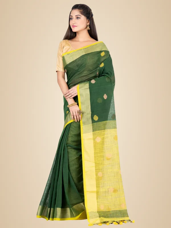 Deep_Green_And_Yellow_Handloom_Premium_Quality_Khadi_Ball_Saree_With_Running_Blouse