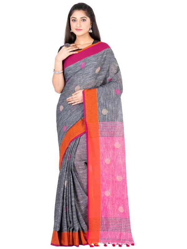 Grey_And_Pink_Handloom_Premium_Quality_Khadi_Ball_Saree_With_Running_Blouse