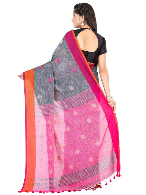 Grey_And_Pink_Handloom_Premium_Quality_Khadi_Ball_Saree_With_Running_Blouse