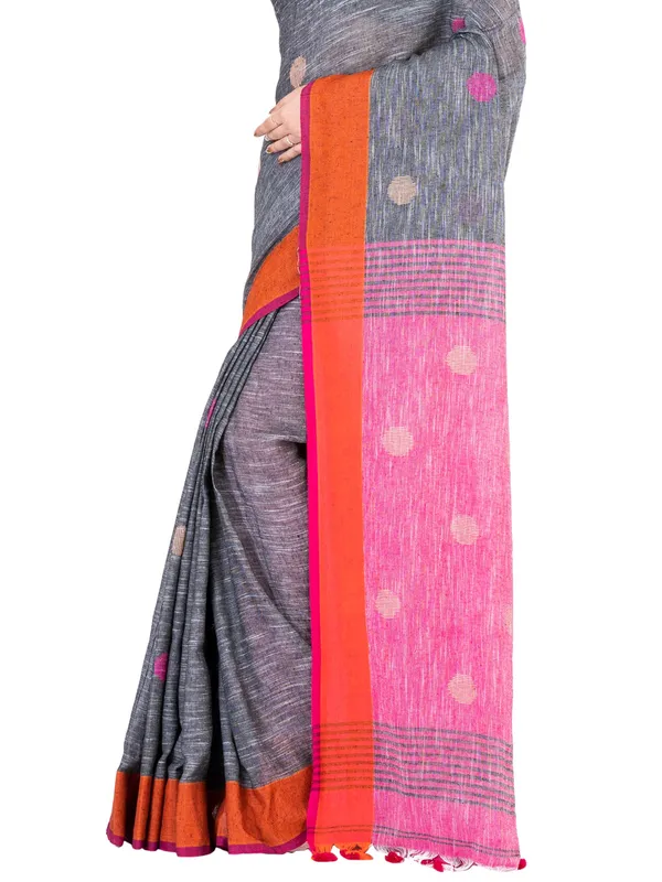Grey_And_Pink_Handloom_Premium_Quality_Khadi_Ball_Saree_With_Running_Blouse