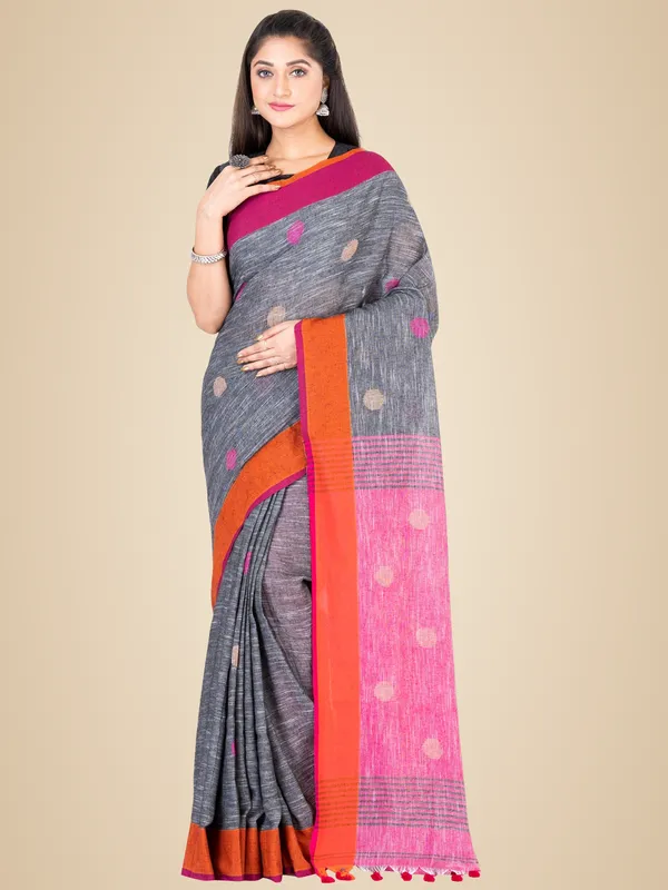 Grey_And_Pink_Handloom_Premium_Quality_Khadi_Ball_Saree_With_Running_Blouse