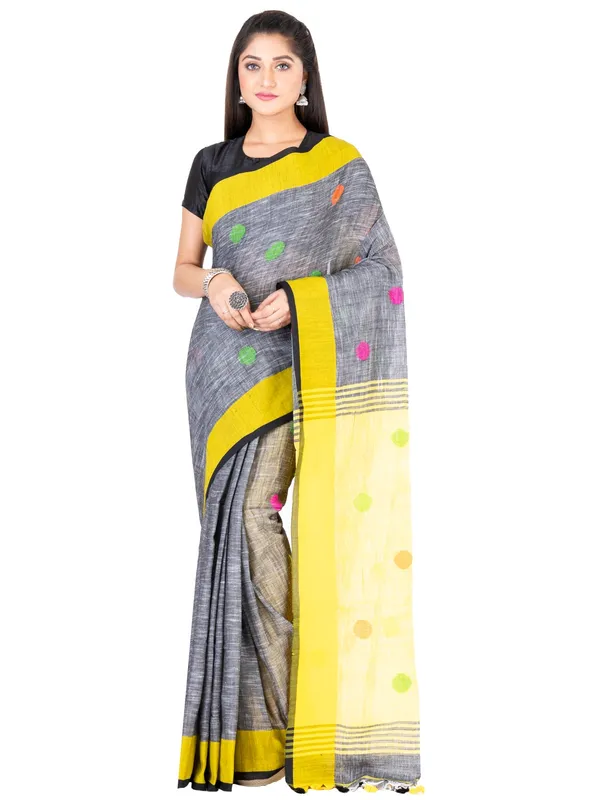 Grey_And_Yellow_Handloom_Premium_Quality_Khadi_Ball_Saree_With_Running_Blouse