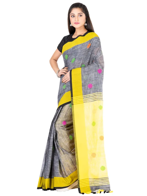 Grey_And_Yellow_Handloom_Premium_Quality_Khadi_Ball_Saree_With_Running_Blouse