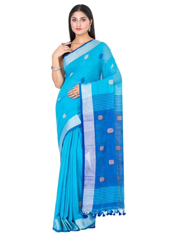Light_Blue_And_Blue_Handloom_Premium_Quality_Khadi_Ball_Saree_With_Running_Blouse
