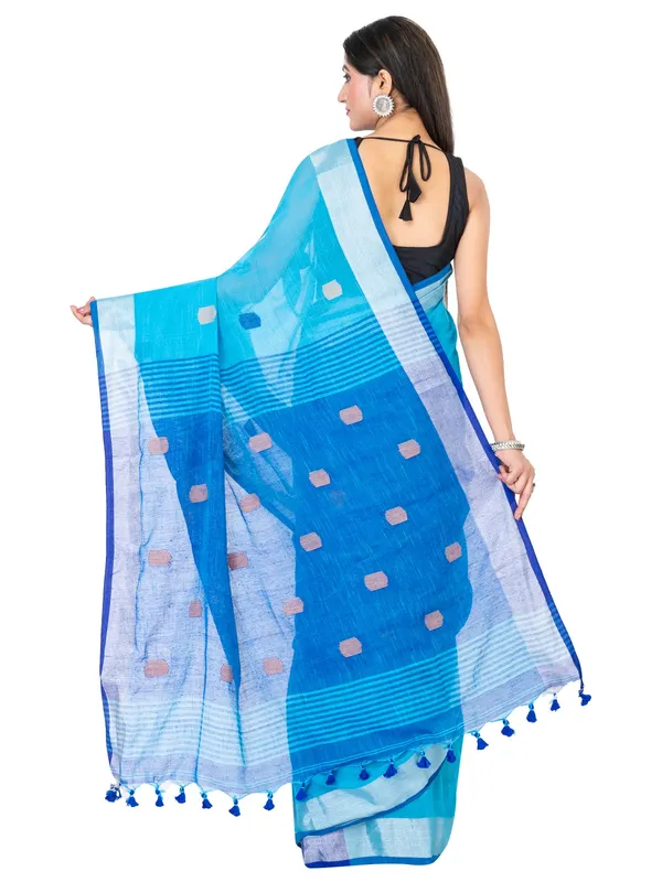Light_Blue_And_Blue_Handloom_Premium_Quality_Khadi_Ball_Saree_With_Running_Blouse