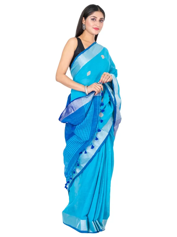 Light_Blue_And_Blue_Handloom_Premium_Quality_Khadi_Ball_Saree_With_Running_Blouse