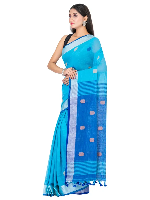Light_Blue_And_Blue_Handloom_Premium_Quality_Khadi_Ball_Saree_With_Running_Blouse
