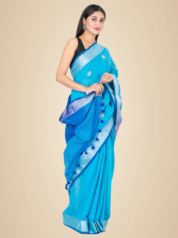 Light_Blue_And_Blue_Handloom_Premium_Quality_Khadi_Ball_Saree_With_Running_Blouse