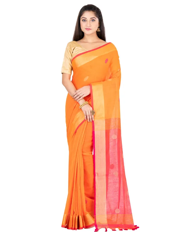 Orange_And_Pink_Handloom_Premium_Quality_Khadi_Ball_Saree_With_Running_Blouse