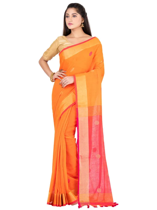 Orange_And_Pink_Handloom_Premium_Quality_Khadi_Ball_Saree_With_Running_Blouse