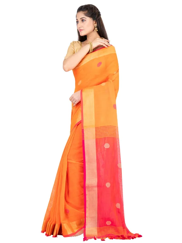 Orange_And_Pink_Handloom_Premium_Quality_Khadi_Ball_Saree_With_Running_Blouse