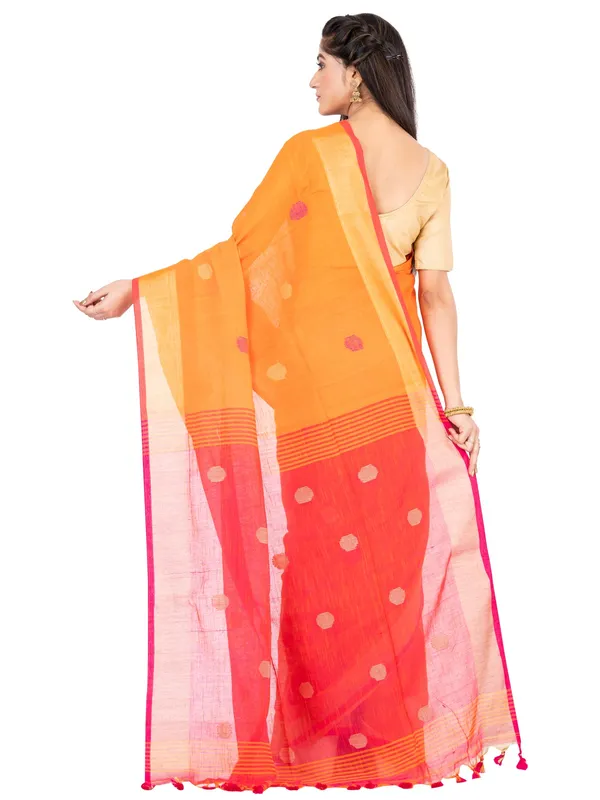 Orange_And_Pink_Handloom_Premium_Quality_Khadi_Ball_Saree_With_Running_Blouse