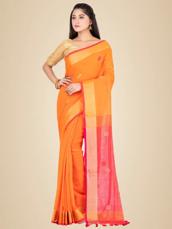 Orange_And_Pink_Handloom_Premium_Quality_Khadi_Ball_Saree_With_Running_Blouse