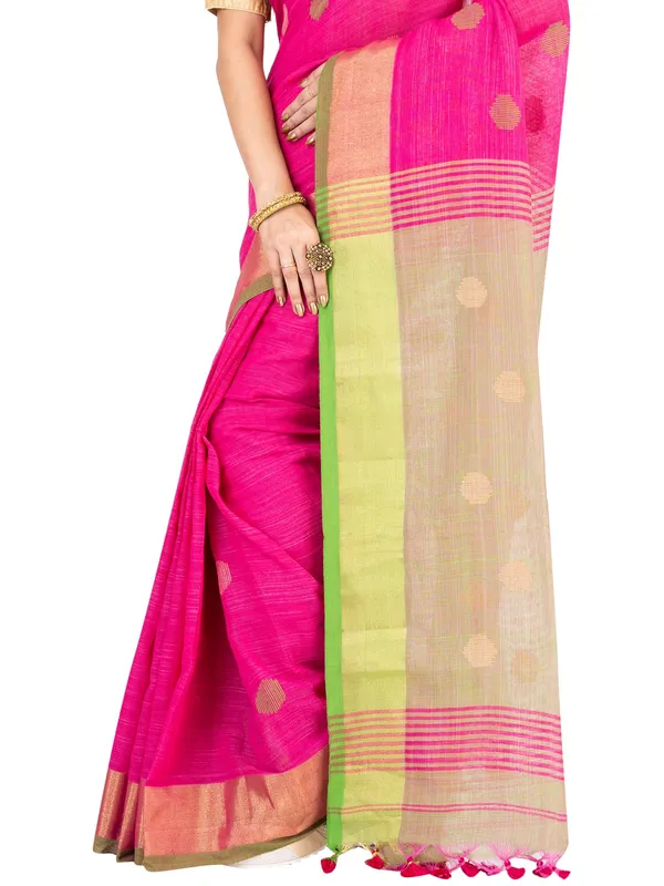 Pink_And_Green_Handloom_Premium_Quality_Khadi_Ball_Saree_With_Running_Blouse