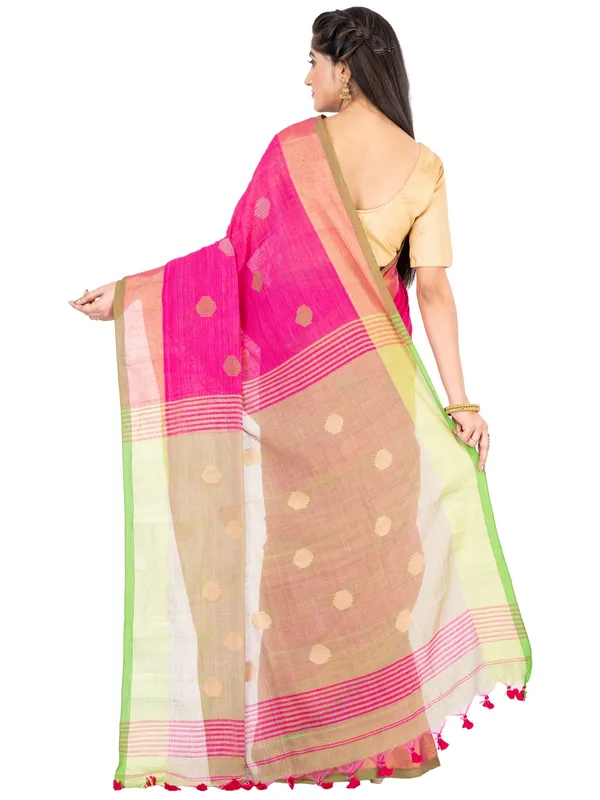 Pink_And_Green_Handloom_Premium_Quality_Khadi_Ball_Saree_With_Running_Blouse