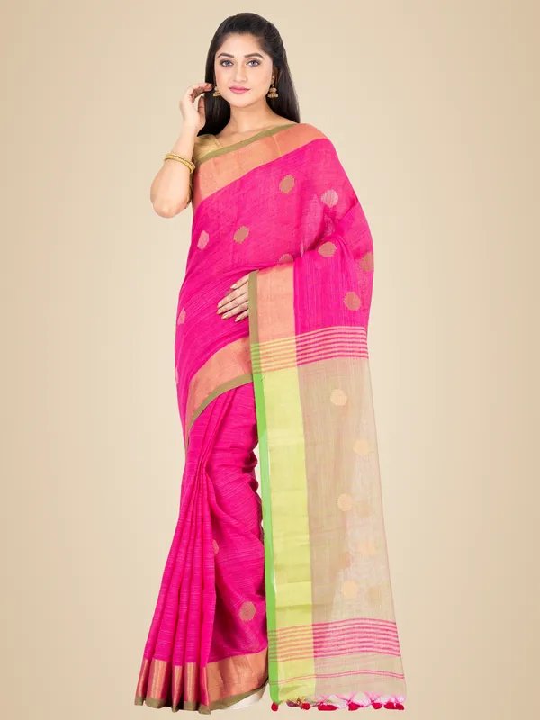 Pink_And_Green_Handloom_Premium_Quality_Khadi_Ball_Saree_With_Running_Blouse
