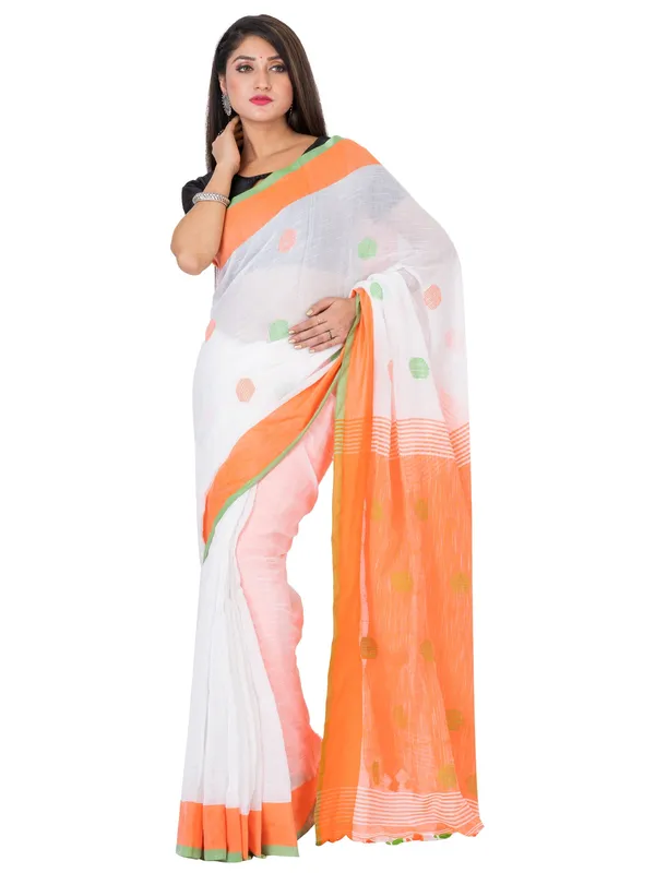 White_And_Orange_Handloom_Premium_Quality_Khadi_Ball_Saree_With_Running_Blouse