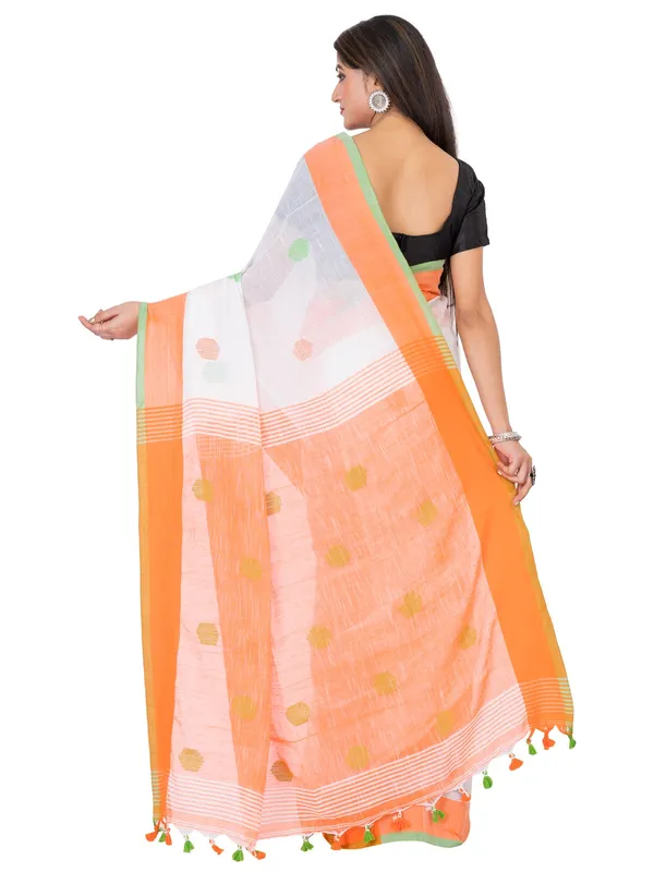 White_And_Orange_Handloom_Premium_Quality_Khadi_Ball_Saree_With_Running_Blouse