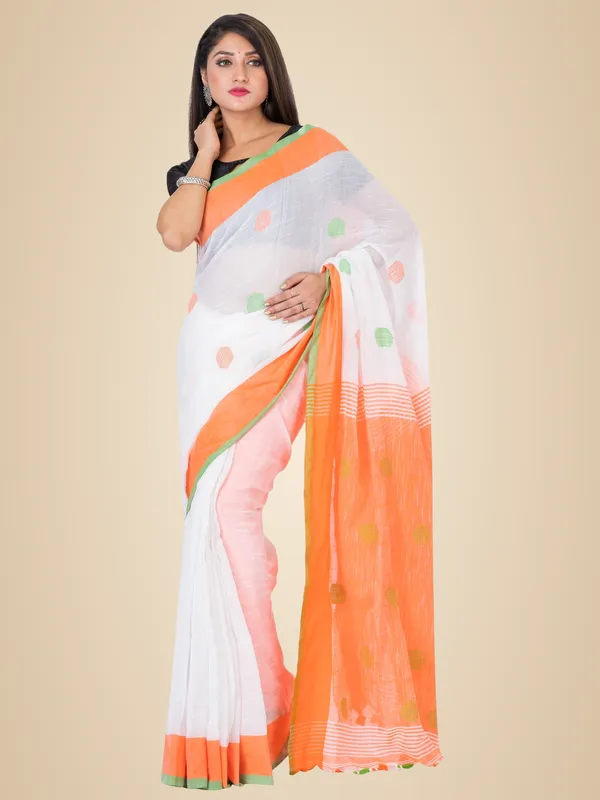 White_And_Orange_Handloom_Premium_Quality_Khadi_Ball_Saree_With_Running_Blouse
