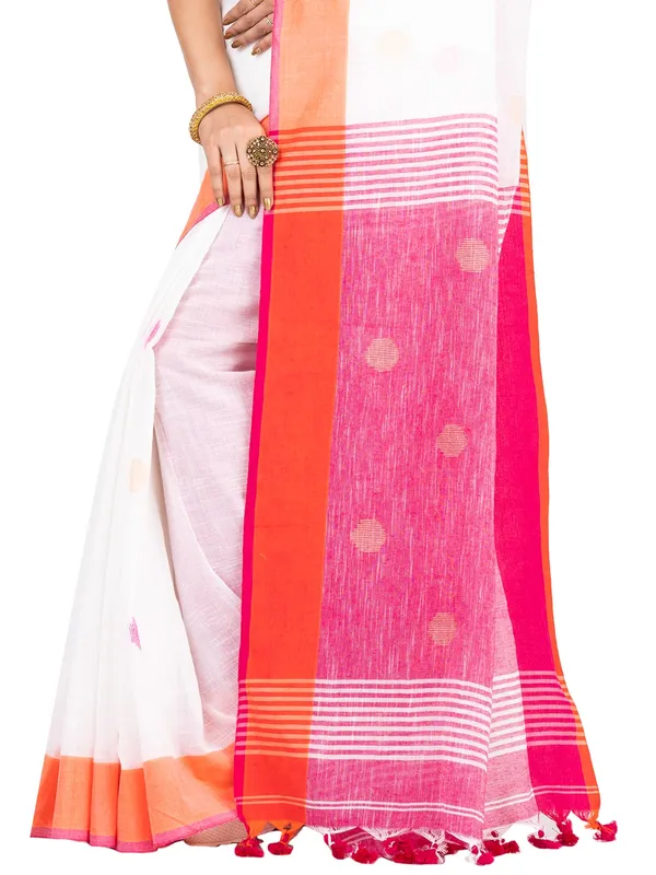 White_And_Pink_Handloom_Premium_Quality_Khadi_Ball_Saree_With_Running_Blouse