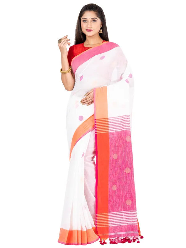 White_And_Pink_Handloom_Premium_Quality_Khadi_Ball_Saree_With_Running_Blouse