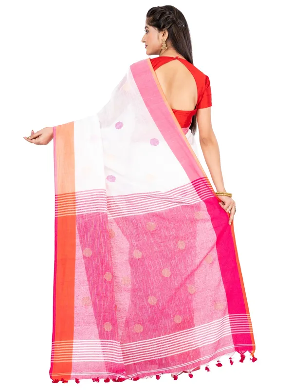 White_And_Pink_Handloom_Premium_Quality_Khadi_Ball_Saree_With_Running_Blouse
