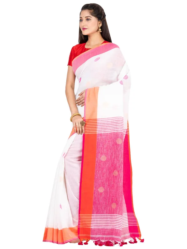 White_And_Pink_Handloom_Premium_Quality_Khadi_Ball_Saree_With_Running_Blouse