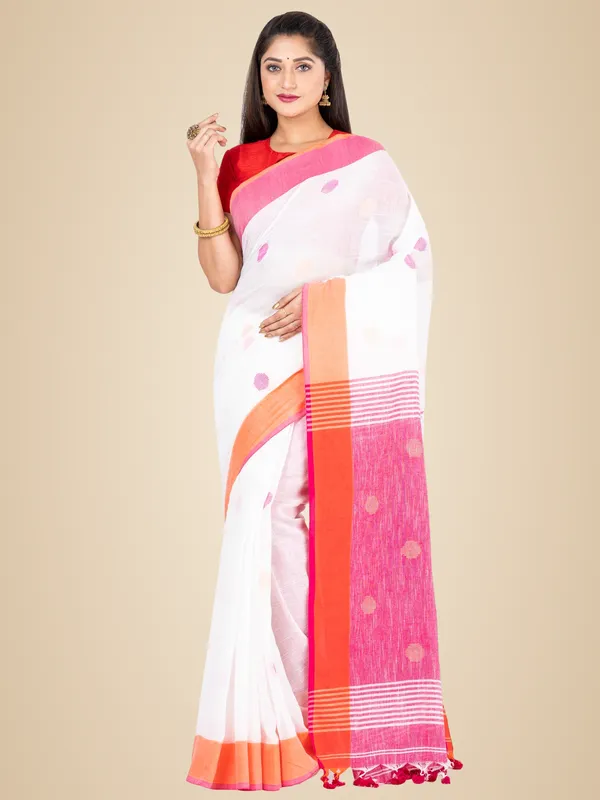 White_And_Pink_Handloom_Premium_Quality_Khadi_Ball_Saree_With_Running_Blouse