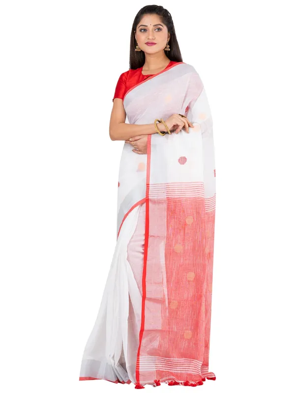 White_And_Red_Handloom_Premium_Quality_Khadi_Ball_Saree_With_Running_Blouse