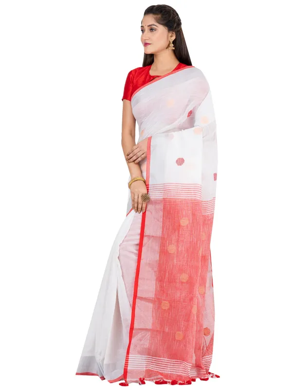 White_And_Red_Handloom_Premium_Quality_Khadi_Ball_Saree_With_Running_Blouse