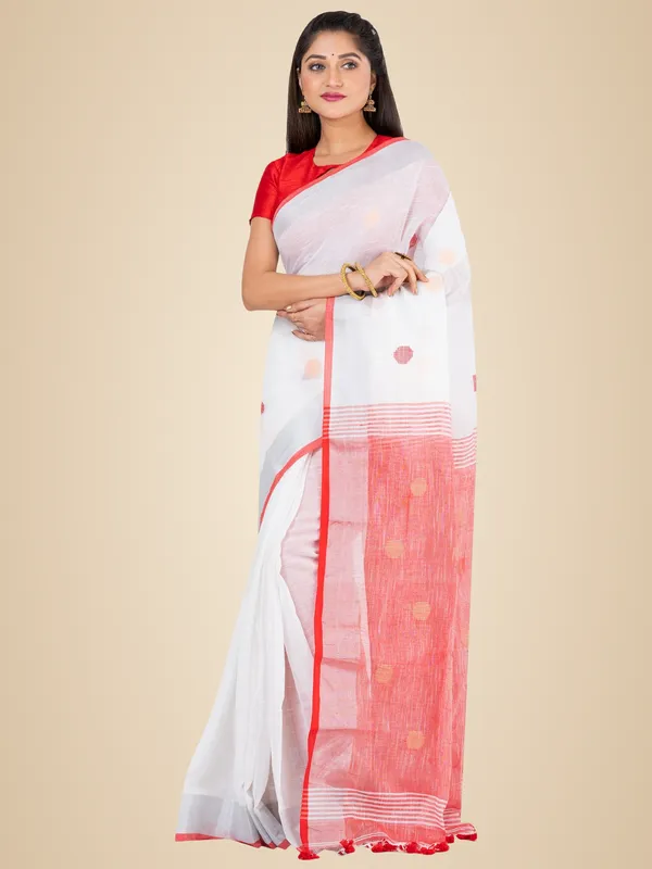 White_And_Red_Handloom_Premium_Quality_Khadi_Ball_Saree_With_Running_Blouse