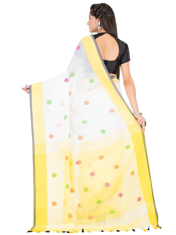 White_And_Yellow_Handloom_Premium_Quality_Khadi_Ball_Saree_With_Running_Blouse