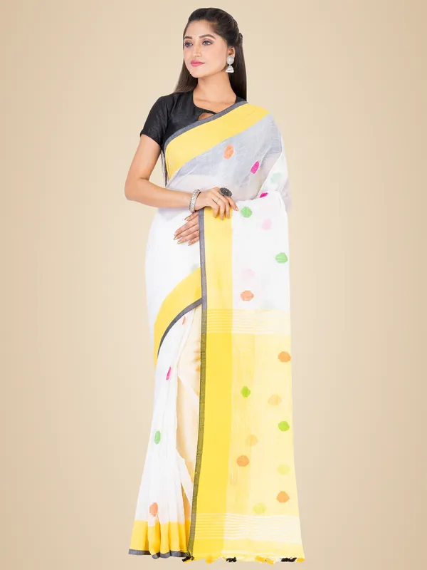 White_And_Yellow_Handloom_Premium_Quality_Khadi_Ball_Saree_With_Running_Blouse