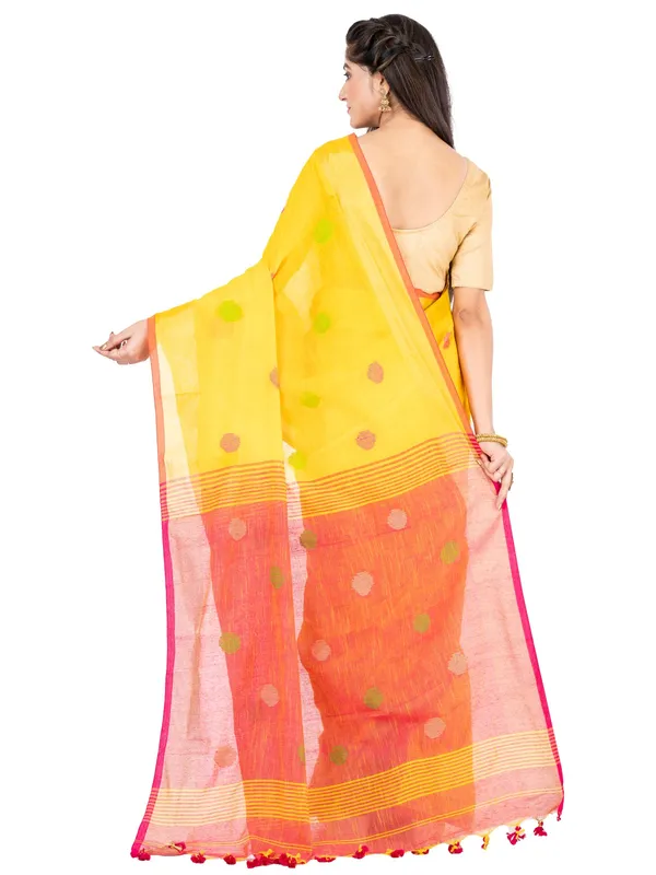 Yellow_And_Pink_Handloom_Premium_Quality_Khadi_Ball_Saree_With_Running_Blouse