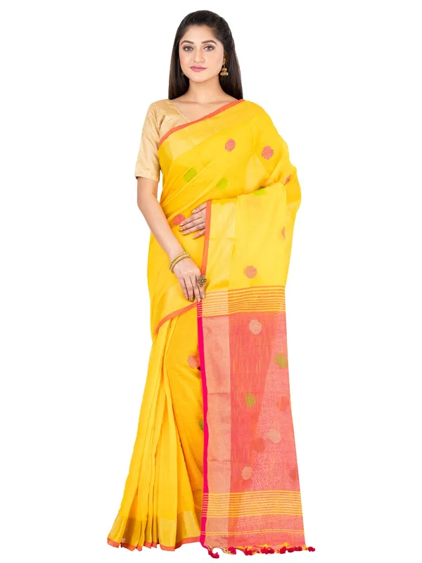 Yellow_And_Pink_Handloom_Premium_Quality_Khadi_Ball_Saree_With_Running_Blouse