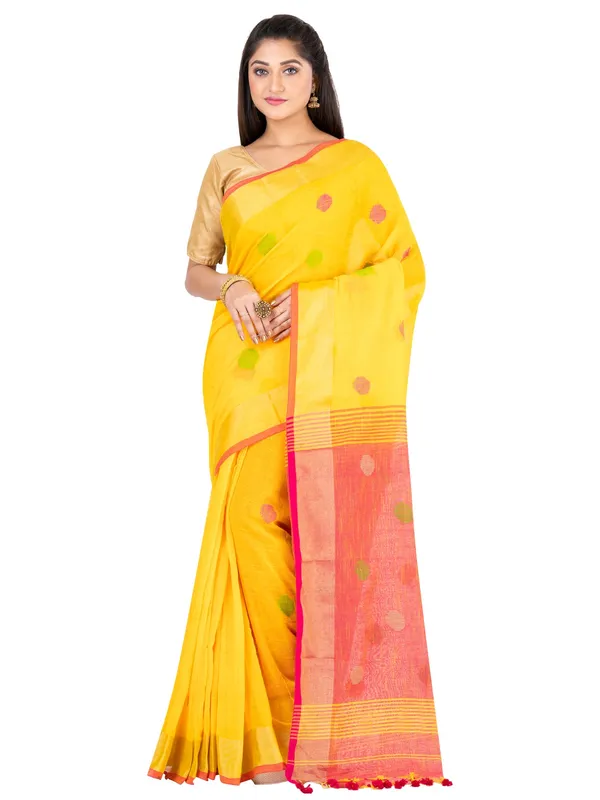 Yellow_And_Pink_Handloom_Premium_Quality_Khadi_Ball_Saree_With_Running_Blouse