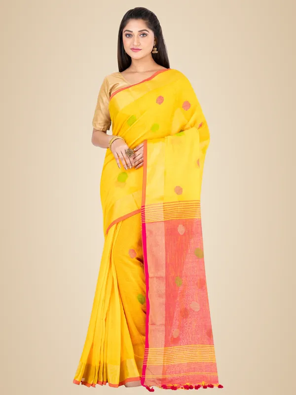 Yellow_And_Pink_Handloom_Premium_Quality_Khadi_Ball_Saree_With_Running_Blouse