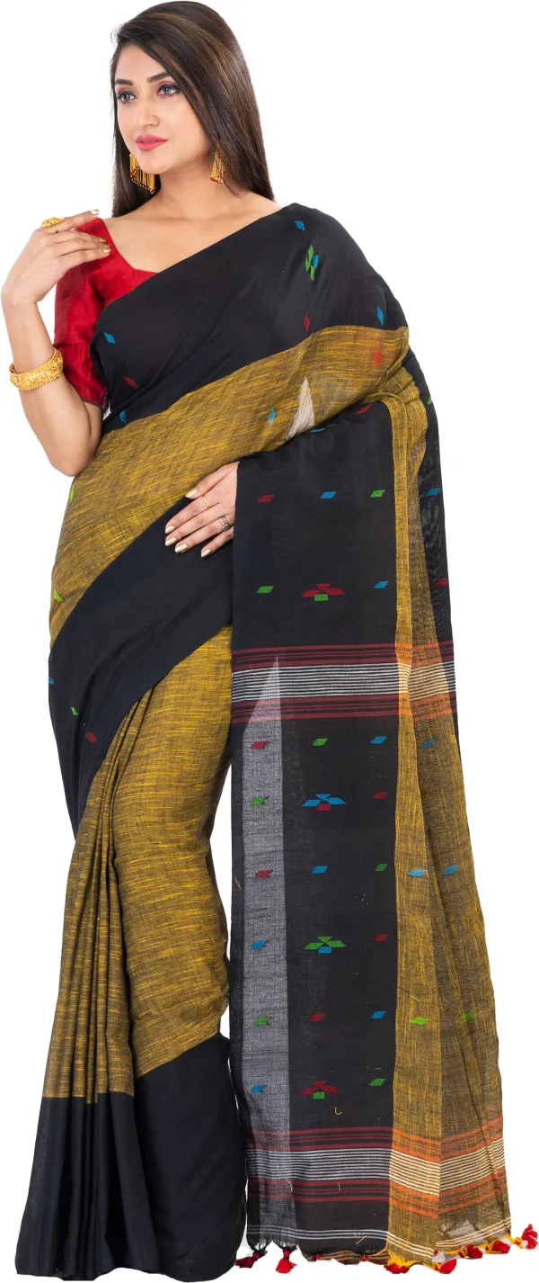 Deep_Brown_&_Black_Handloom_Premium_Quality_Khadi_Cotton_Saree_for_Women_With_Blouse