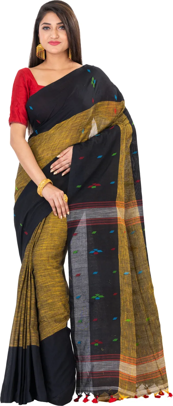 Deep_Brown_&_Black_Handloom_Premium_Quality_Khadi_Cotton_Saree_for_Women_With_Blouse