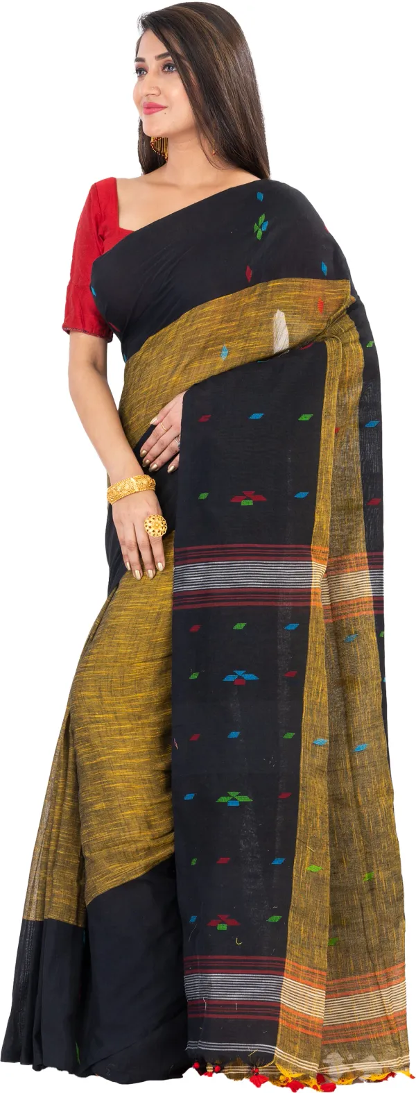 Deep_Brown_&_Black_Handloom_Premium_Quality_Khadi_Cotton_Saree_for_Women_With_Blouse