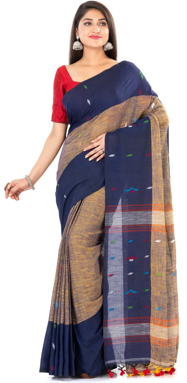 Deep_Brown_&_Blue_Handloom_Premium_Quality_Khadi_Cotton_Saree_for_Women_With_Blouse