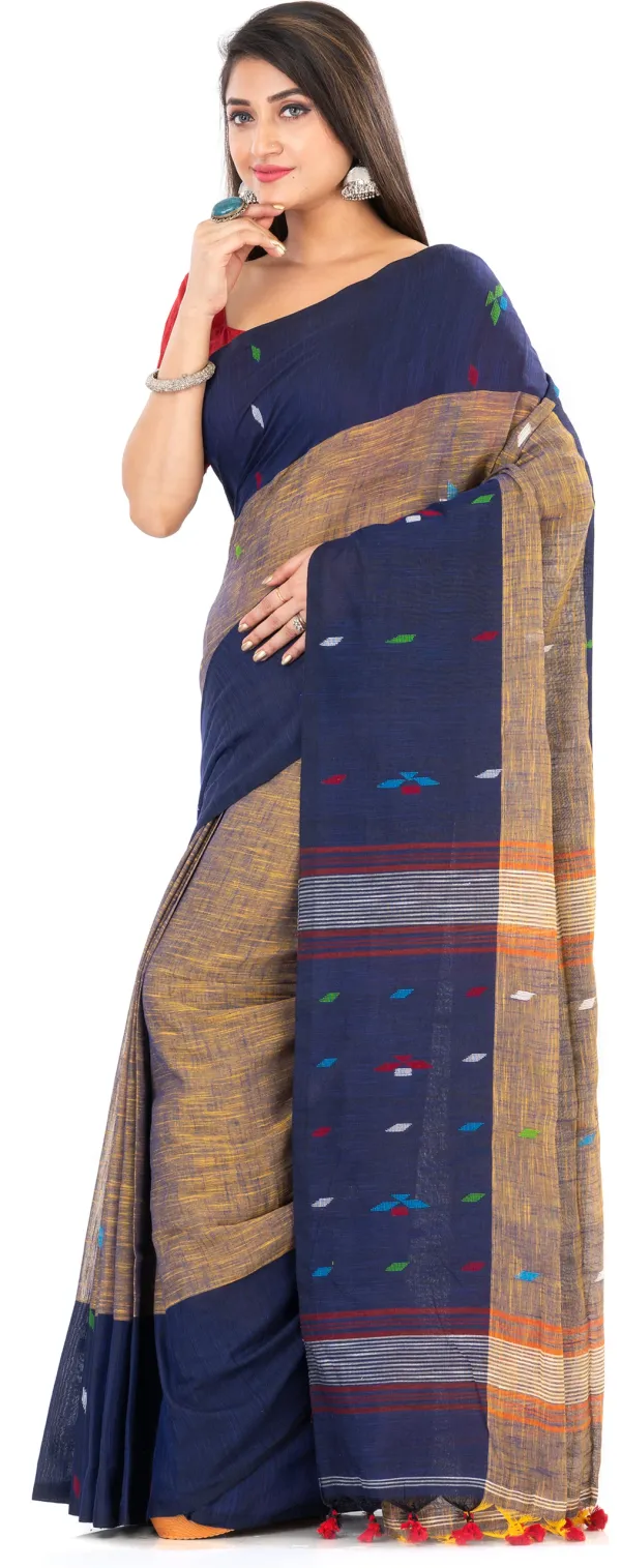 Deep_Brown_&_Blue_Handloom_Premium_Quality_Khadi_Cotton_Saree_for_Women_With_Blouse