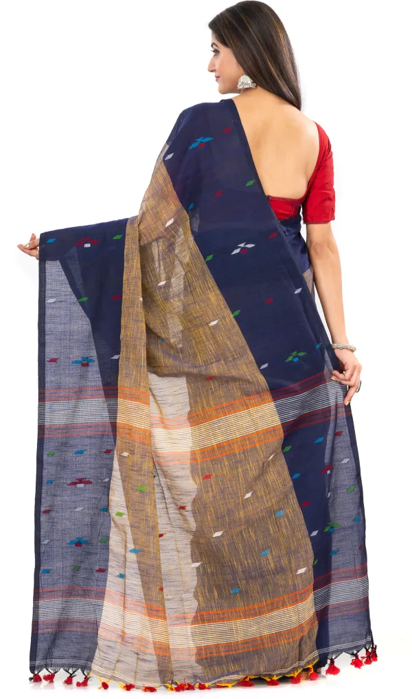 Deep_Brown_&_Blue_Handloom_Premium_Quality_Khadi_Cotton_Saree_for_Women_With_Blouse
