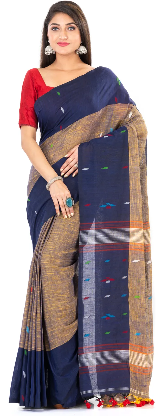 Deep_Brown_&_Blue_Handloom_Premium_Quality_Khadi_Cotton_Saree_for_Women_With_Blouse