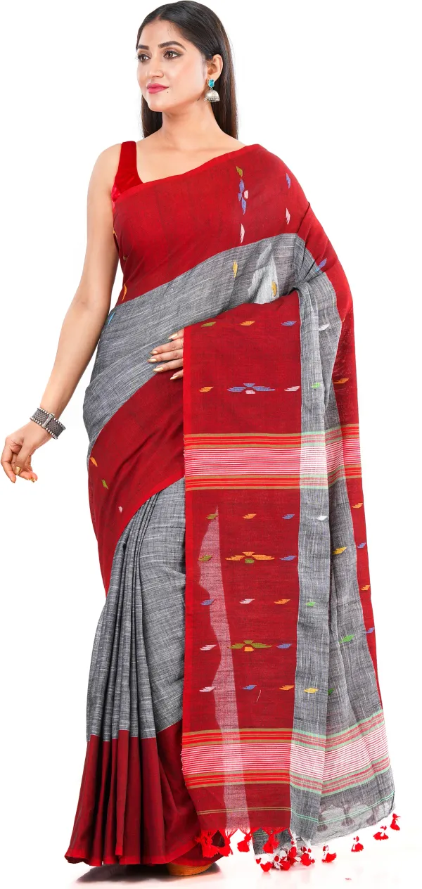 Grey_&_Red_Handloom_Premium_Quality_Khadi_Cotton_Saree_for_Women_With_Blouse